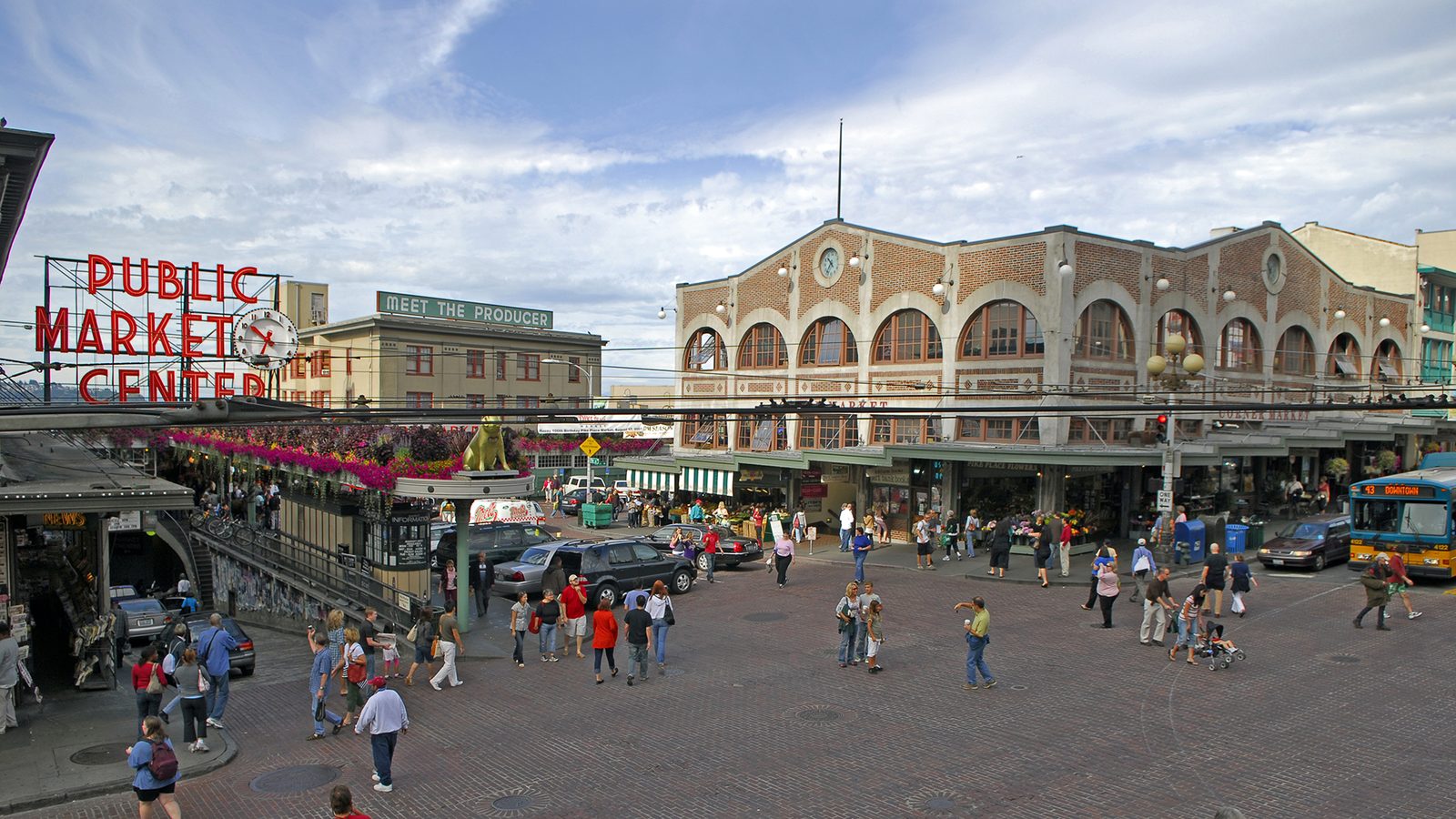 Historic Pike Place Market buildings and sign in Seattle